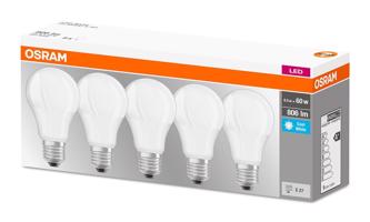 5PAK LED žárovka LED E27 A60 8,5W = 60W 806lm 4000K Neutrální bílá 300° OSRAM Base OSRLEDW2045