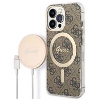 Pouzdro Guess 4G Print MagSafe pro iPhone 13 Pro + indukční nabíječka - hnědé 3666339102876