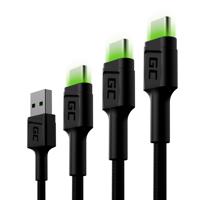 Set 3x Green Cell kabel GC Ray USB-C kabel 30cm, 120cm, 200cm zelené LED podsvícení, rychlo nabíjení UC, QC 3.0 KABGCSET01